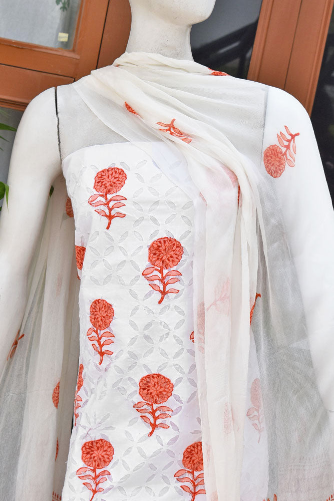 Hand Block Printed Cotton Suit with Hand applique work & chiffon dupatta