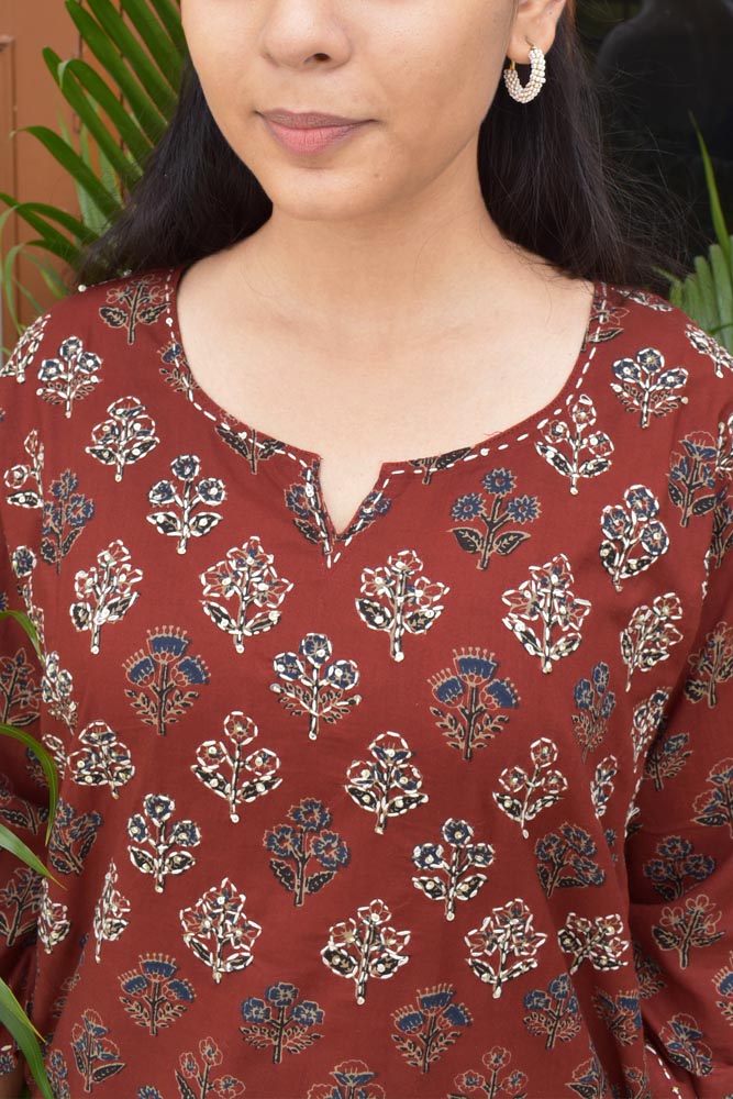 Beautiful Cotton Kurta with Hand Tagai Embroidery & Aari work & Embroidered Sequins Size - 38, 40, 42, 44