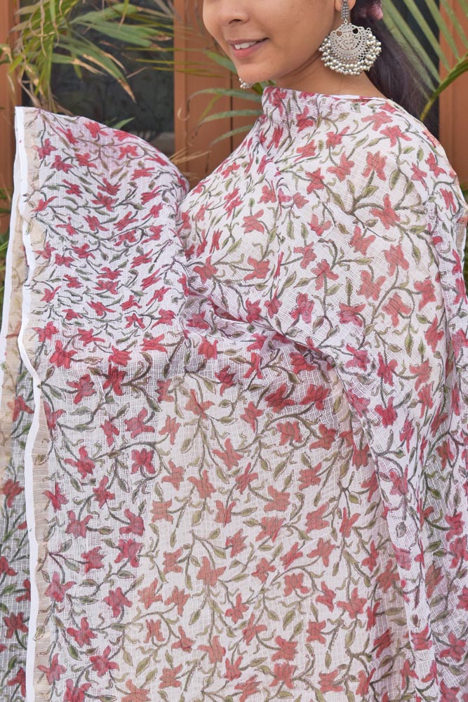 Hand Block Printed Kota Cotton Dupatta with zari border
