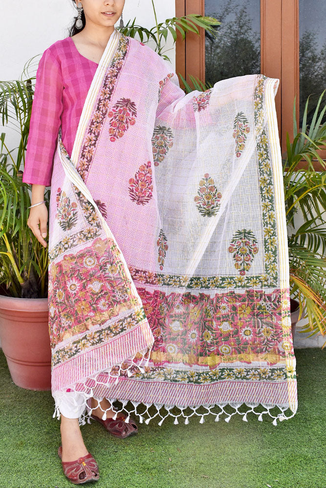 Beautiful Hand Block Printed Kota Doria Dupatta with zari checks and zari border