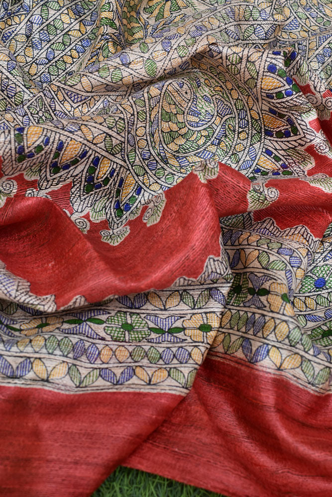 Geecha Silk Dupatta with printed Madhubani patterns