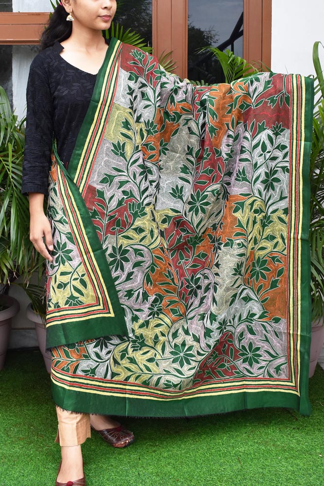 Beautiful Tussar Silk Dupatta with Nakkshi Kantha work