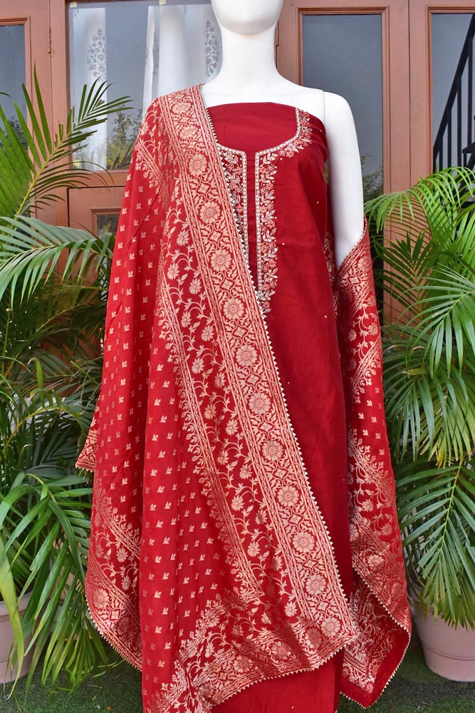Beautiful Chanderi unstitched suit fabric with Banarasi Dupatta & Matching Potli bag