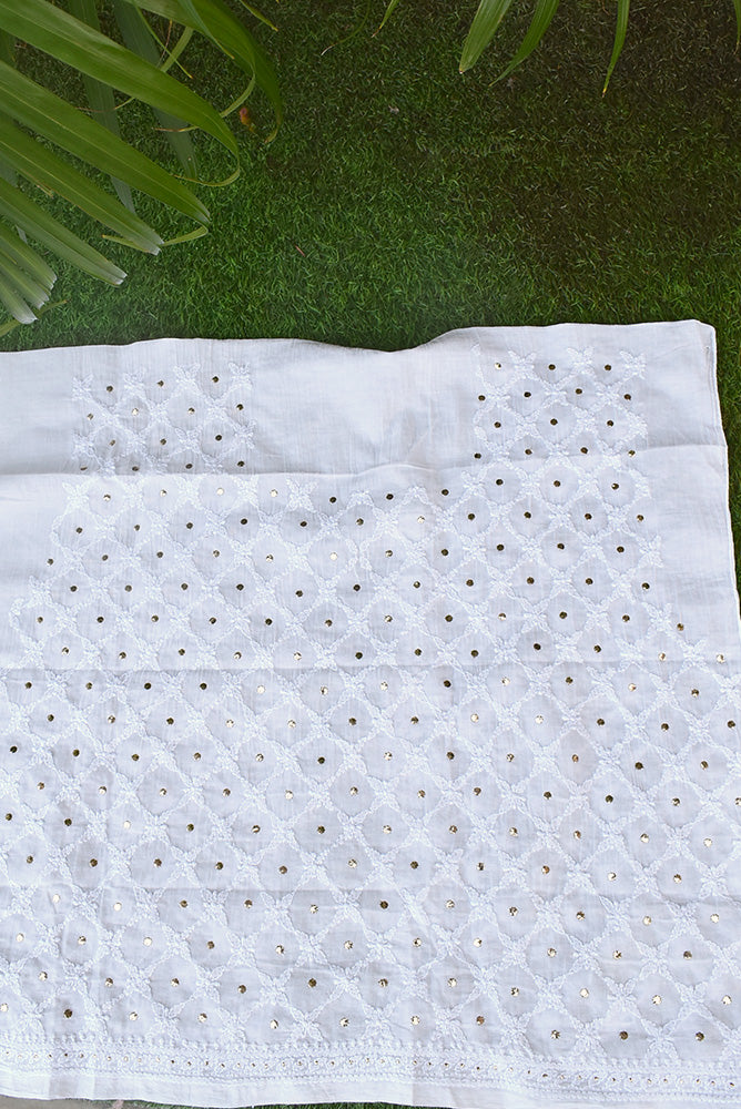 Mul Cotton Blouse fabric with Heavy Jaal Hand Chikankari & Muqaish work - Dyeable