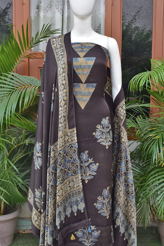 Designer Ajrakh Modal Kurta and Dupatta Set with Neck yoke and panel design