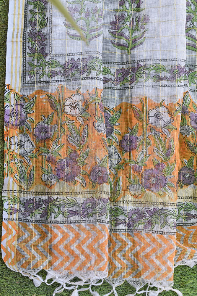 Beautiful Hand Block Printed Kota Doria Dupatta with zari checks and zari border