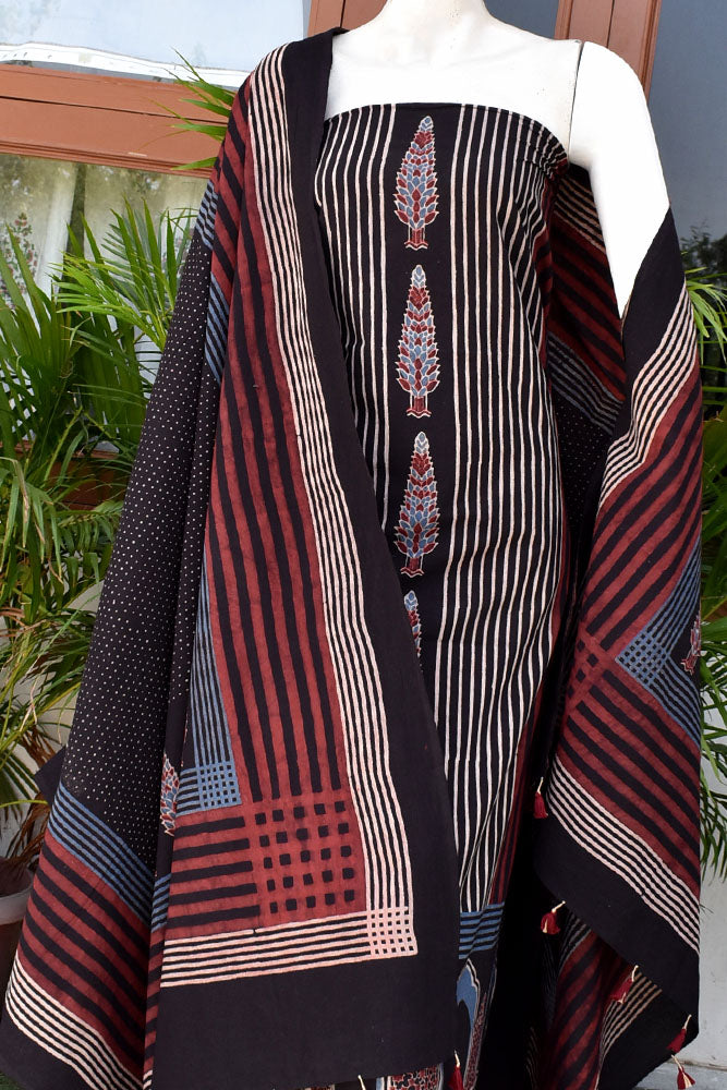 Hand Block Print Ajrakh Cotton Suit with designer Ajrakh neck yoke pattern