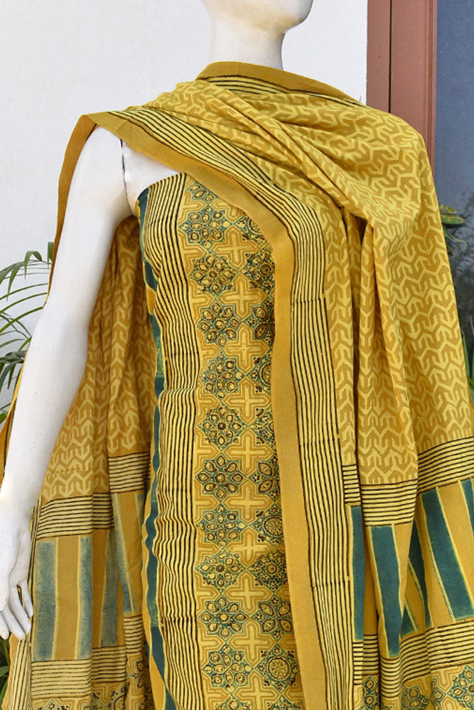 Hand Block Print Ajrakh Cotton Suit with designer Ajrakh neck yoke pattern