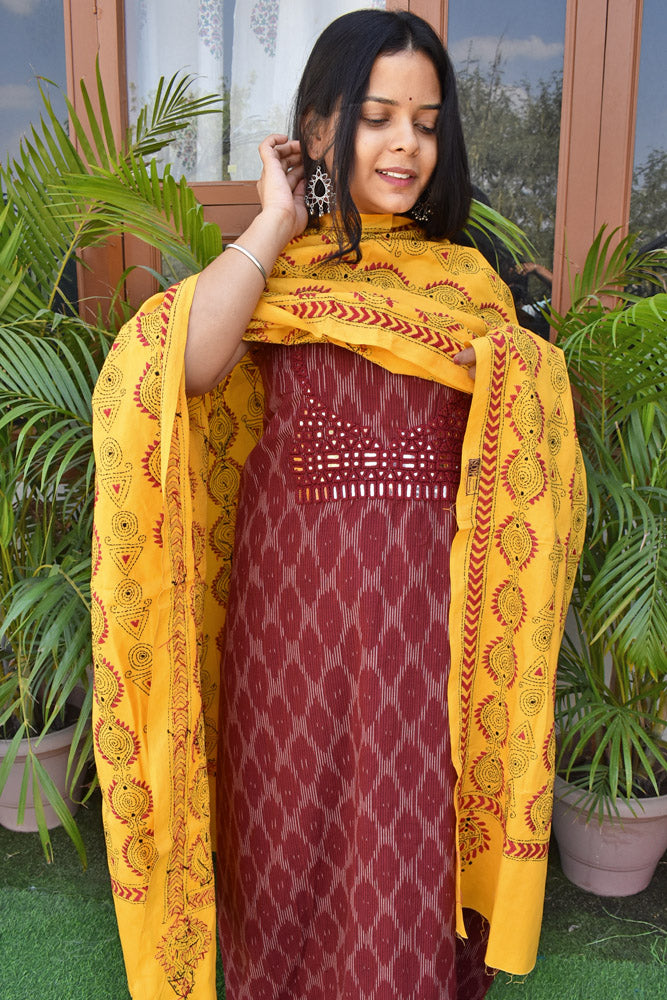 Handwoven Ikkat Cotton Kurta fabric with Kutch Mirror work & Hand Kantha work Cotton dupatta