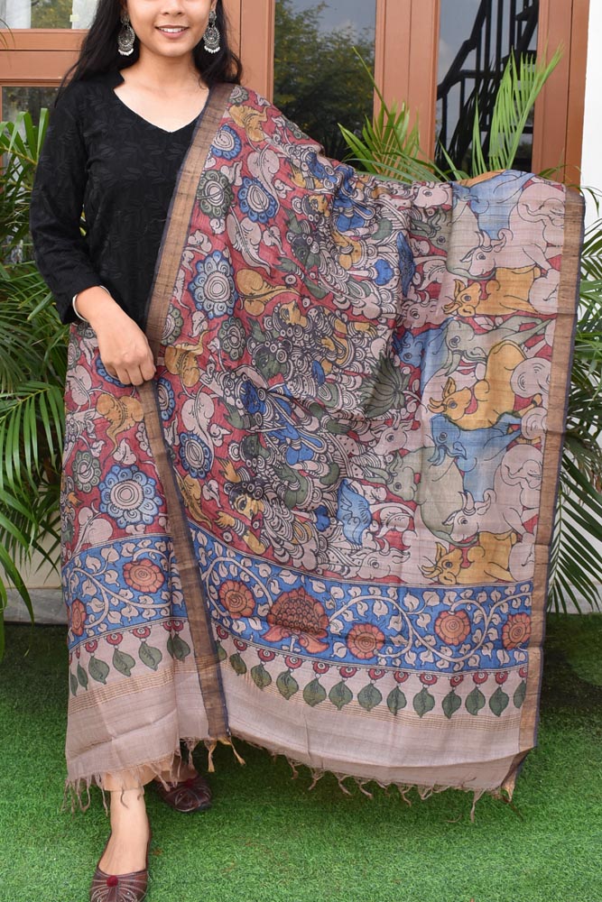 Earthy Hand Painted Kalamkari Desi Tussar Silk Dupatta