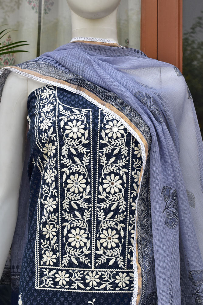 Beautiful Cotton Unstitched Suit Fabric with Embroidery work, Lace Detailing, Schiffli work bottom & & Kota Dupatta dupatta