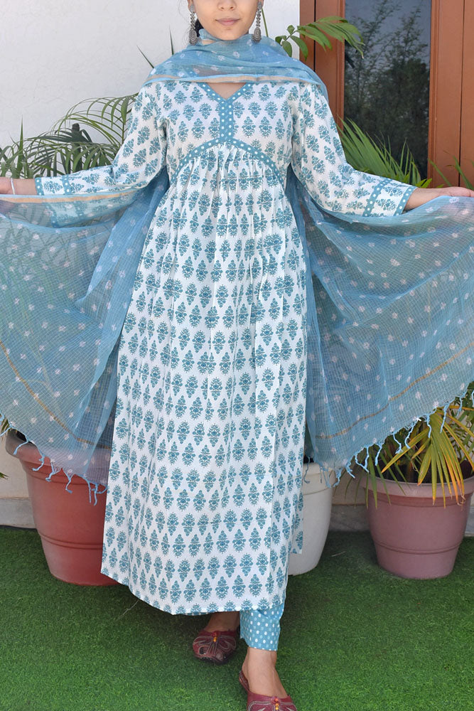 Beautiful Alia Cut Kalidaar Cotton suit with Bandhani Kota dupatta - Kurta , Dupatta & Palazzo - Size - 38, 40, 42, 44