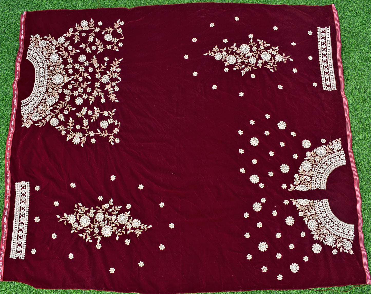 Maroon - Velvet Fabric with Heavy Hand Zardozi, Pearl, Dabka & Kundan Work Embroidery