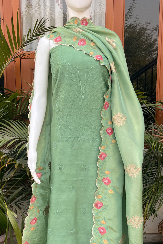 Exquisite Hand Chikankari Chanderi Kurta Fabric with Embroidered Georgette Tissue Dupatta & cotton bottom