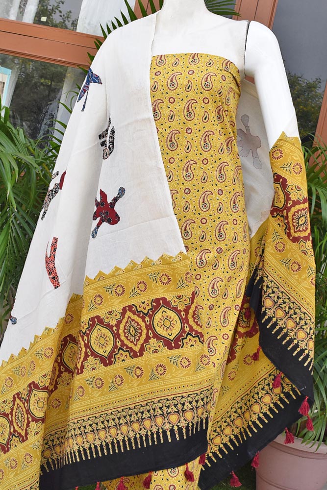 Beautiful Ajrakh kurta fabric with Hand Patch work dupatta