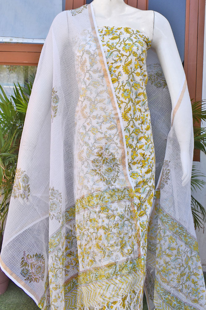Beautiful Hand Block Printed Cotton unstitched suit fabric with Kota Doria Dupatta