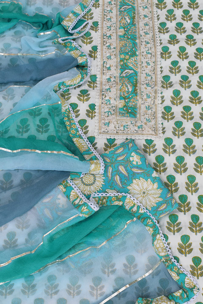 Beautiful Cotton Suit with Schiffli work Lace , Hand painted motifs & Hand Embroidery