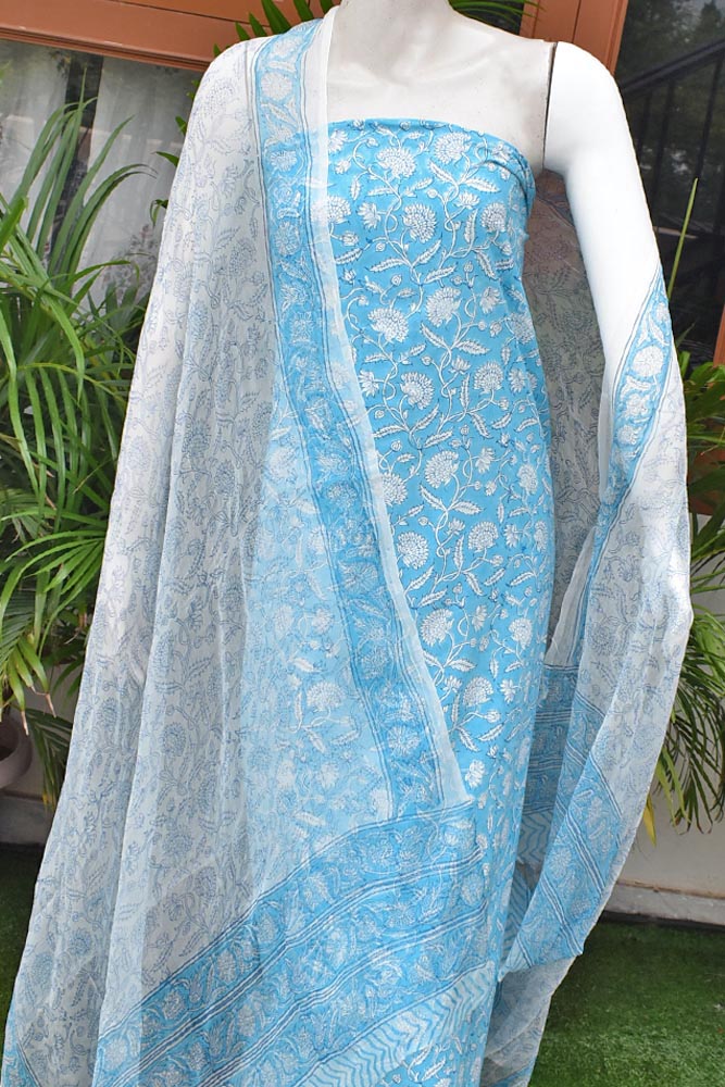 Hand Block Printed Cotton unstitched suit fabric with Chiffon dupatta