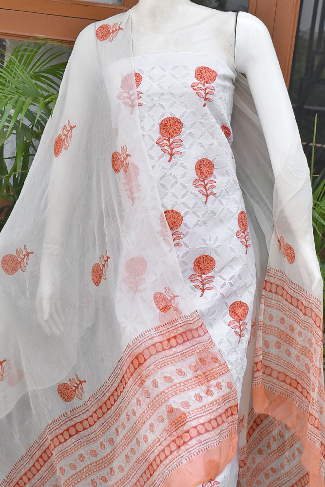 Hand Block Printed Cotton Suit with Hand applique work & chiffon dupatta