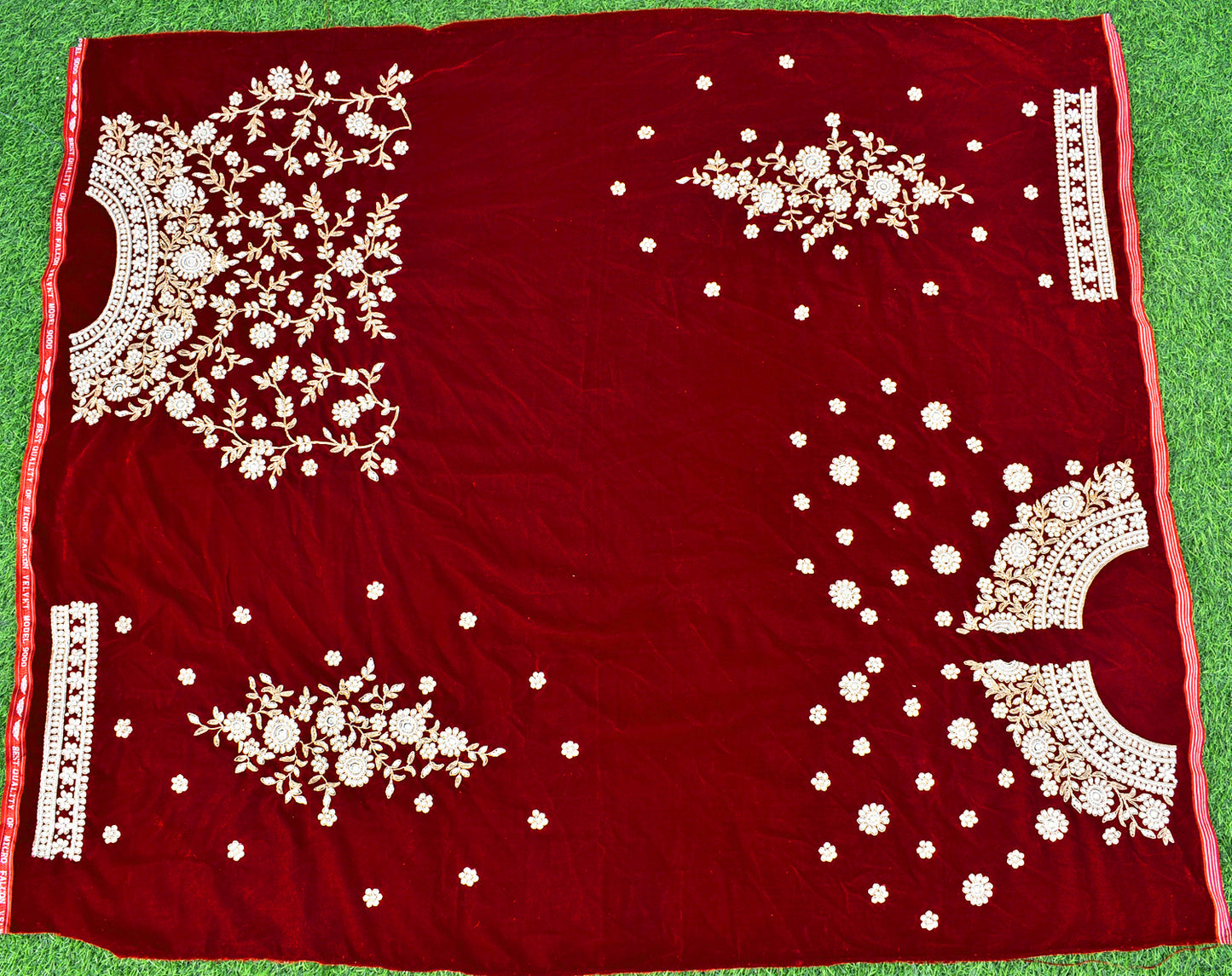 Red -Velvet Fabric with Heavy Hand Zardozi, Pearl, Dabka & Kundan Work Embroidery