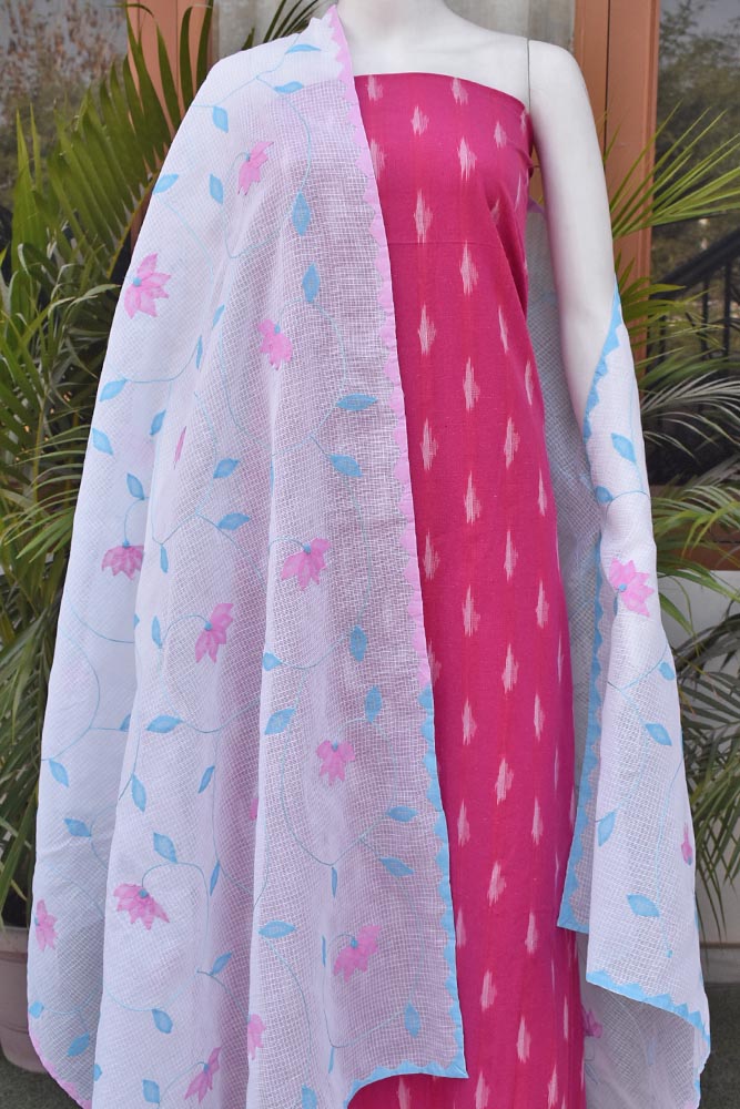 Elegant Handwoven Ikkat kurta fabric with Hand Phool Patti work dupatta - 2 pc set