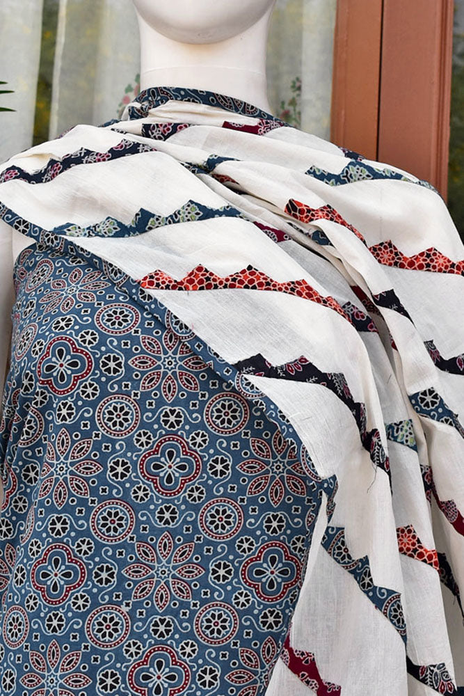 Beautiful Ajrakh Cotton Kurta fabric with Heavy Hand Applique Work dupatta