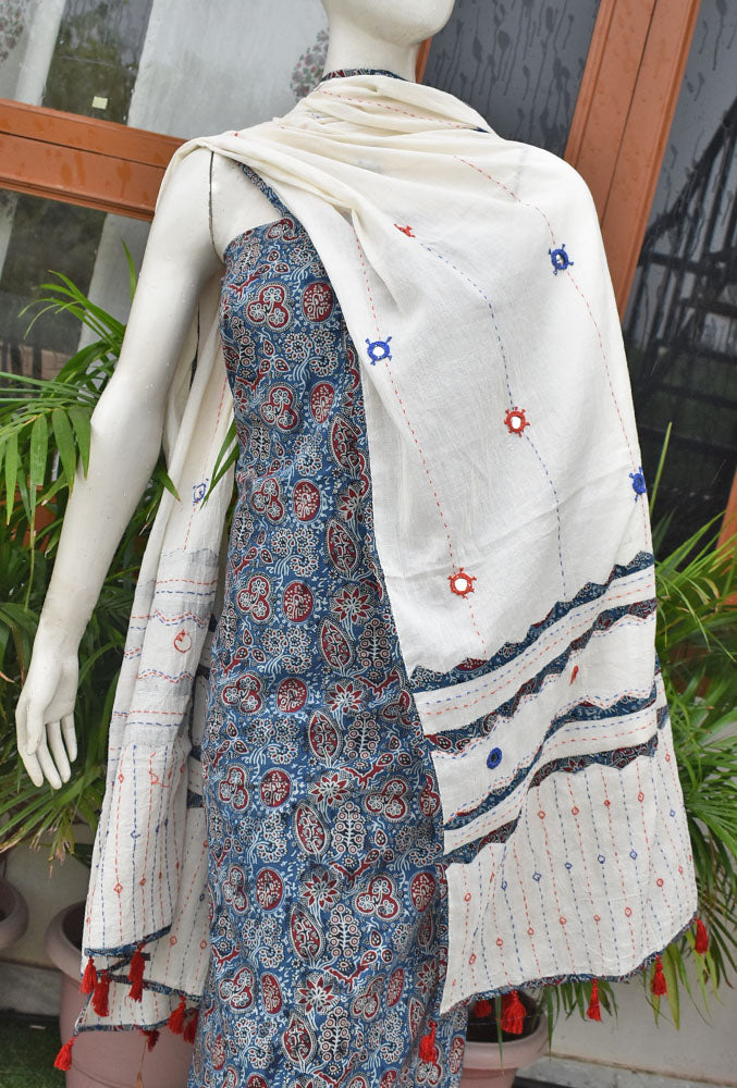 Beautiful Ajrakh Cotton Unstitched Suit with Real Mirror, Kantha & Applique Work dupatta