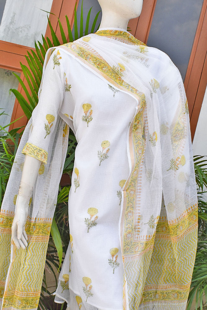 Premium Semi stitched Kota Doria Unstitched suit with Hand Block Print & Hand Embroidery