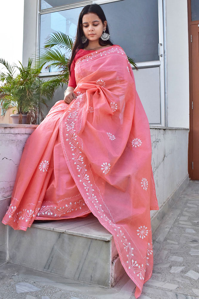 Elegant Soft  Organdy saree with Hand Applique Phool Patti Work