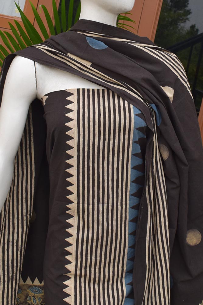 Hand Block Print Ajrakh Cotton Suit with designer Ajrakh neck yoke pattern
