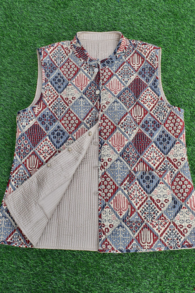 Block Print Quilted Reversible cotton & silk jacket - Size - 44, 46