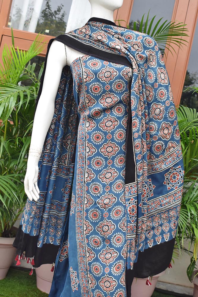Designer Ajrakh Modal Kurta and Dupatta Set with Neck yoke and panel design