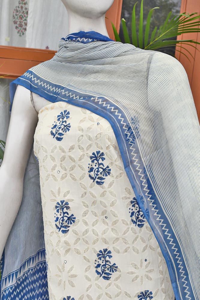 Hand Block Printed Cotton Suit with Hand Applique work & Striped dupatta & Bottom