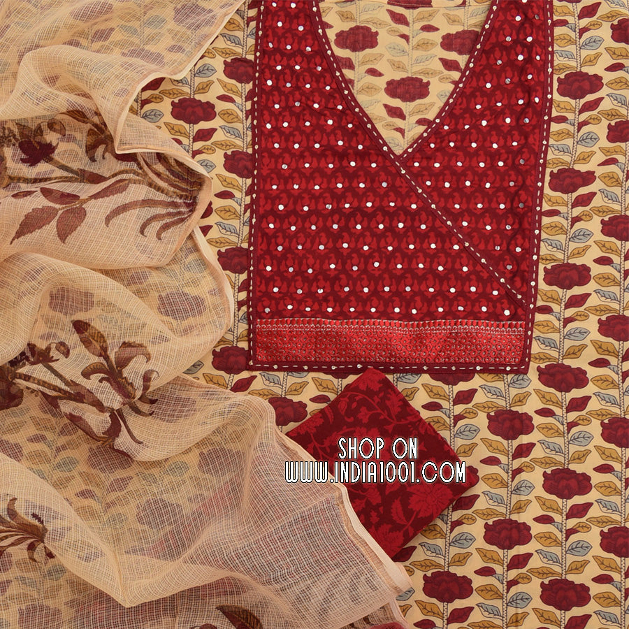 Premium Soft Cotton Unstitched Suit with Intricate Hand Embroidery with Kota Doria Dupatta