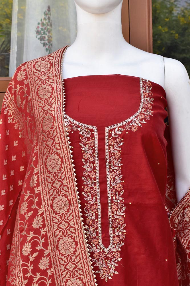 Beautiful Chanderi unstitched suit fabric with Banarasi Dupatta & Matching Potli bag
