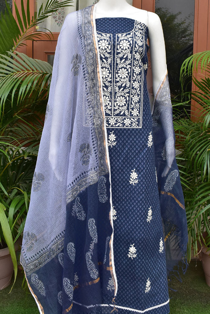 Beautiful Cotton Unstitched Suit Fabric with Embroidery work, Lace Detailing, Schiffli work bottom & & Kota Dupatta dupatta