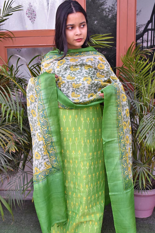 ElegantHand Block Printed Tussar Silk dupatta with Mercerized Ikkat Kurta fabric