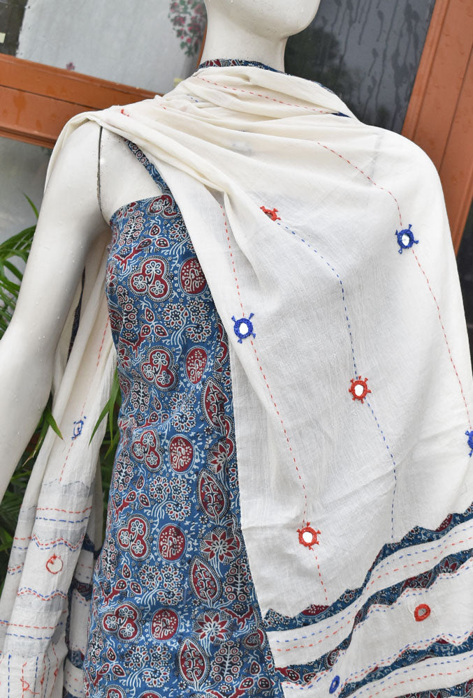 Beautiful Ajrakh Cotton Unstitched Suit with Real Mirror, Kantha & Applique Work dupatta