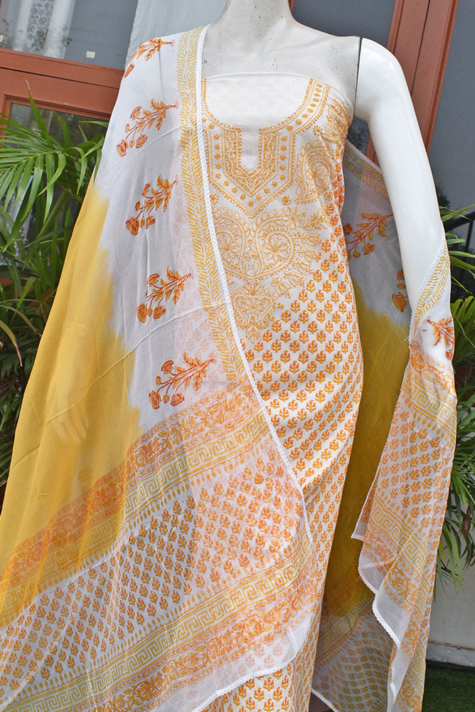 Beautiful Cotton Unstitched Suit Fabric with Chikankari & Hand Block printing