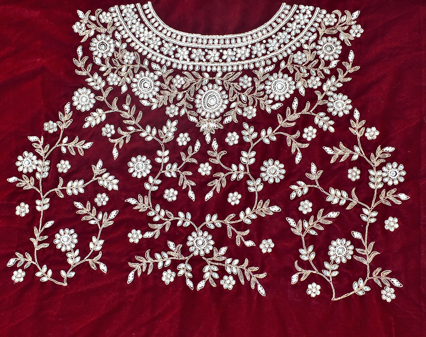 Maroon - Velvet Fabric with Heavy Hand Zardozi, Pearl, Dabka & Kundan Work Embroidery