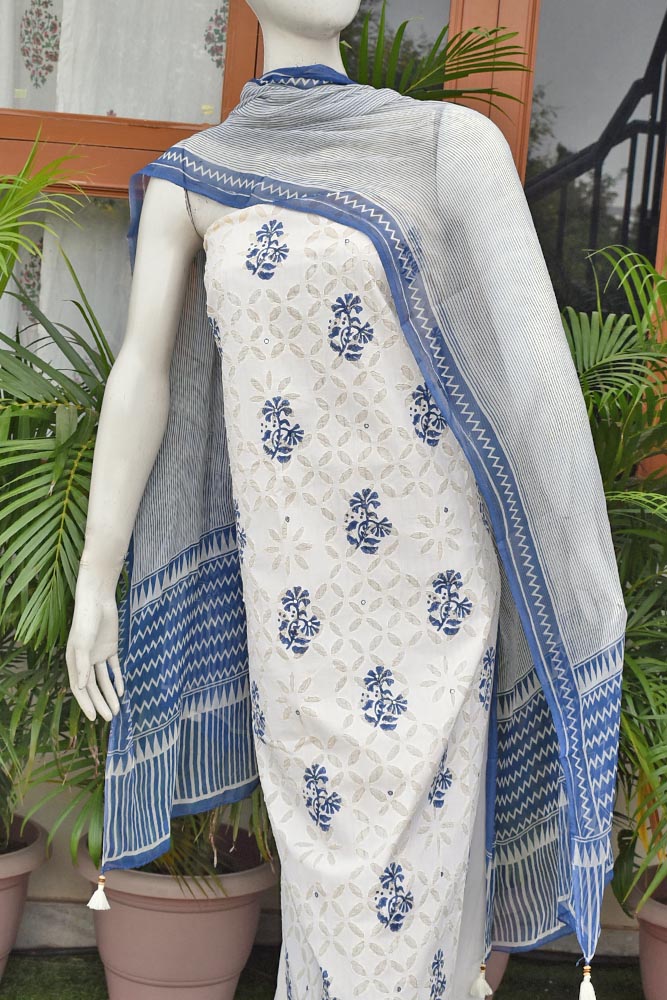 Hand Block Printed Cotton Suit with Hand Applique work & Striped dupatta & Bottom
