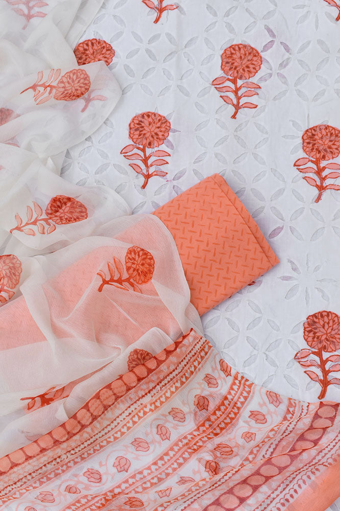 Hand Block Printed Cotton Suit with Hand applique work & chiffon dupatta
