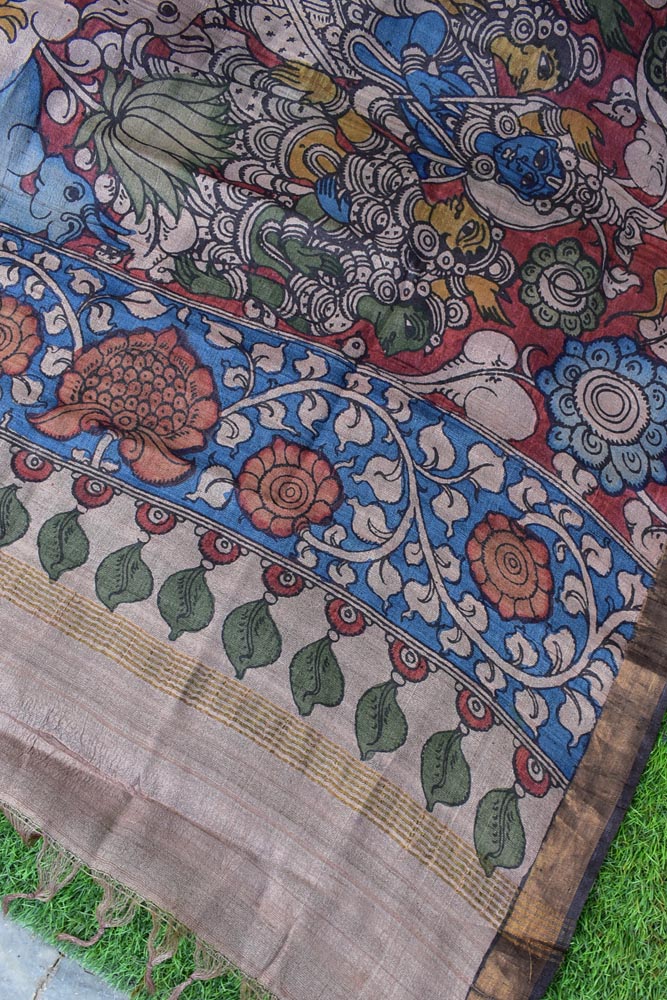 Earthy Hand Painted Kalamkari Desi Tussar Silk Dupatta