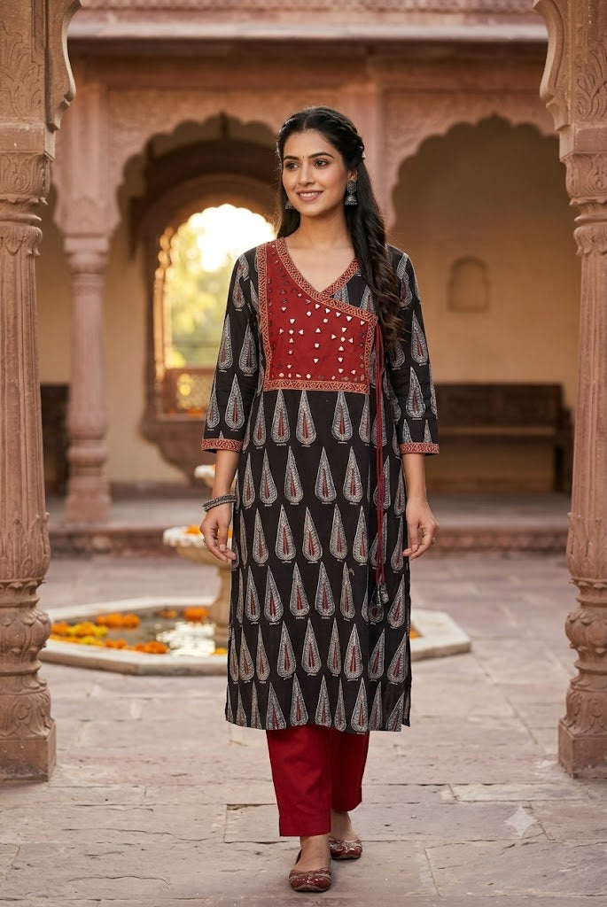 Designer Hand Block Printed cotton Kurta With Mirror Work - Size 40 to 46 ( all sizes)