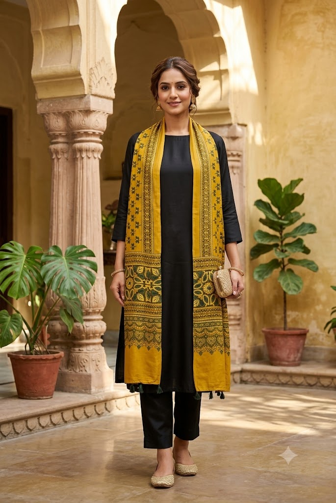Beautiful Hand Block Printed Ajrakh Modal Silk stole with Tassels