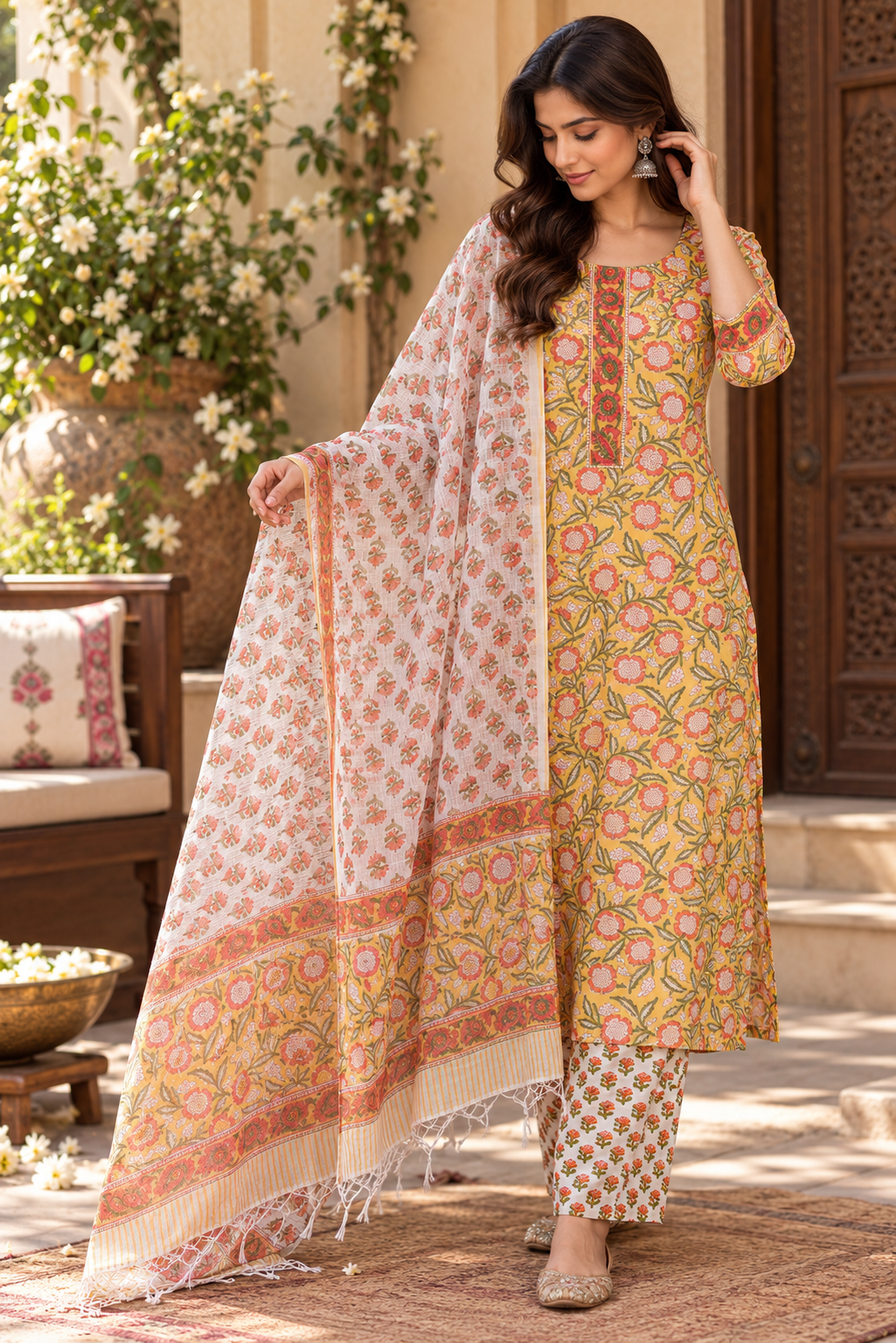 Designer Hand Block Print Cotton 3 pc Suit With Kota Doriya Dupatta - 38 to 46 size