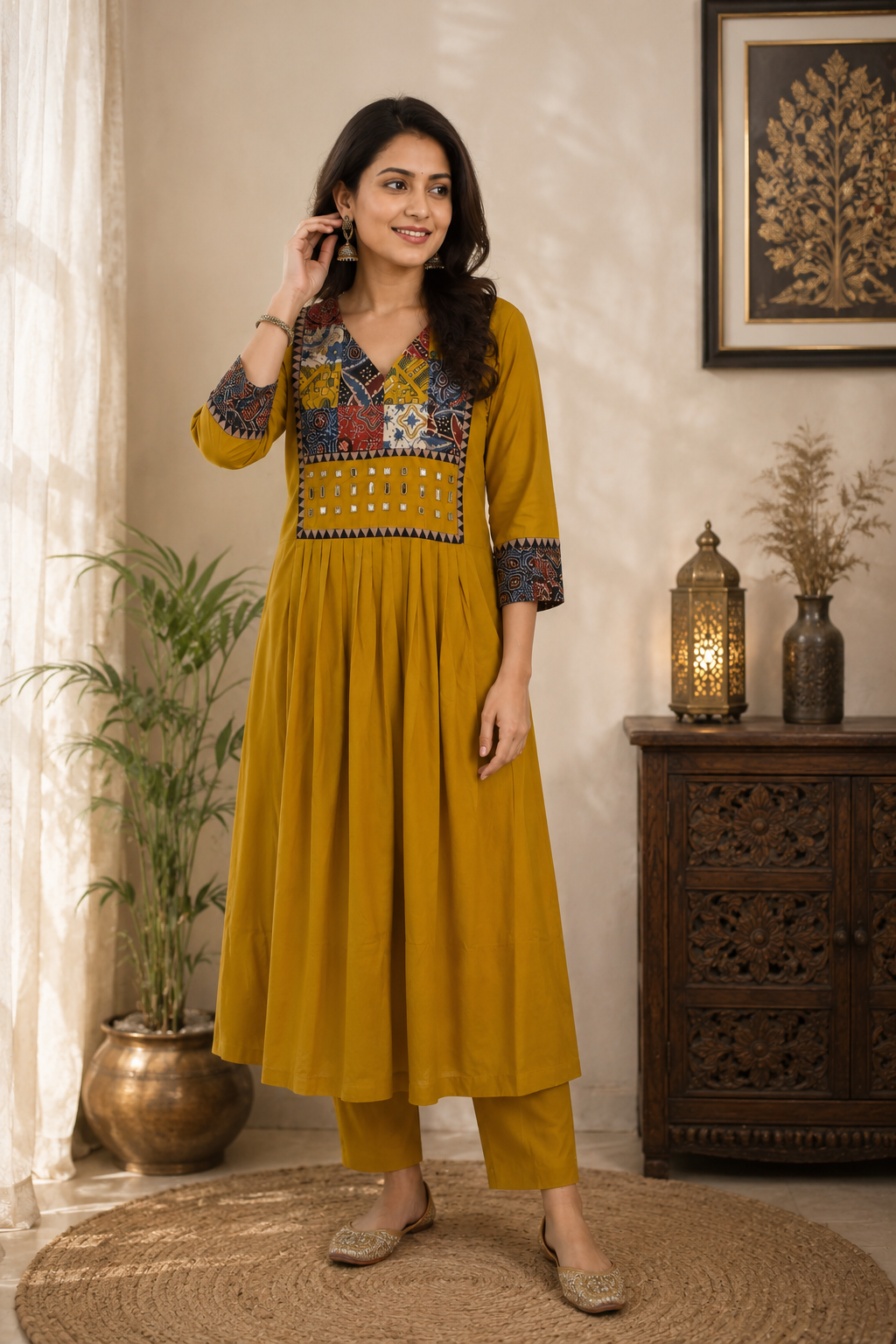 Designer Hand Block Printed cotton Kurta With Mirror Work - Size 38 to 48 ( all sizes)