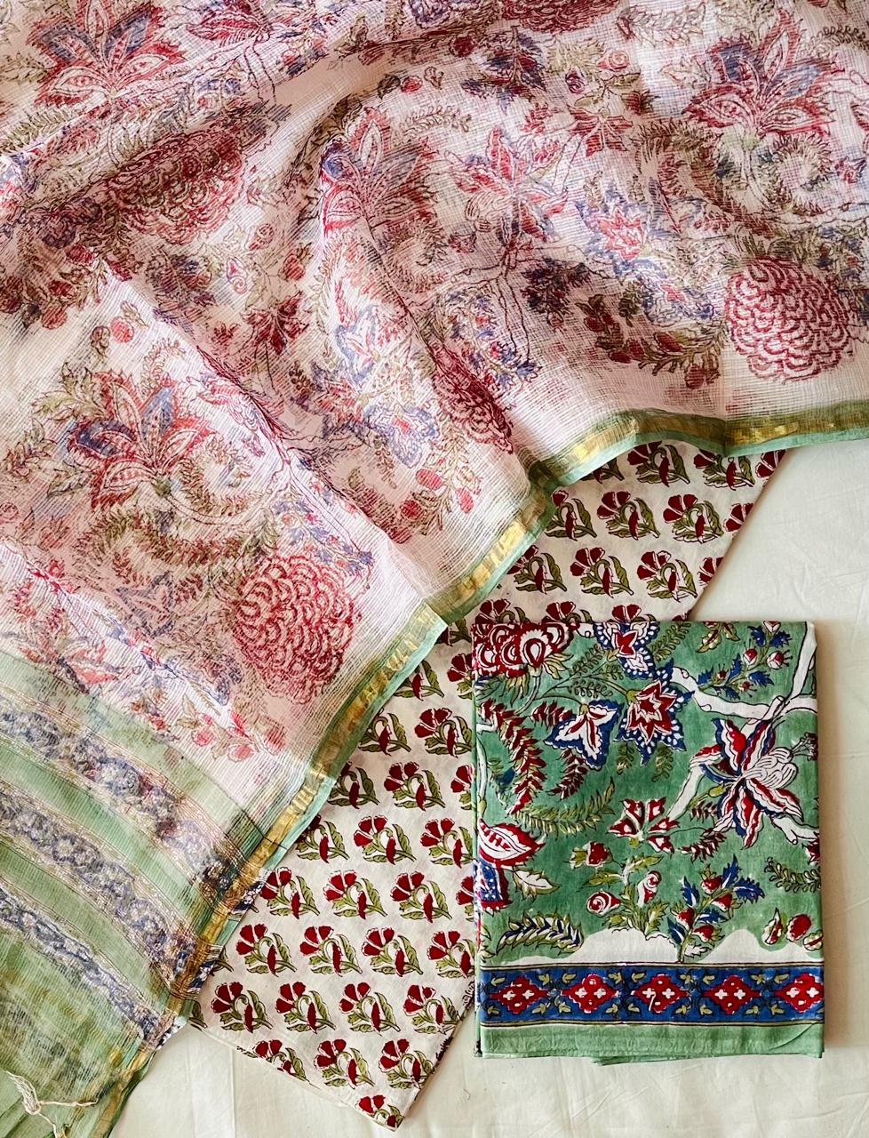 Beautiful Hand Block Printed Cotton Kurta & Kota Dupatta with Cotton Bottom - 3 pc set