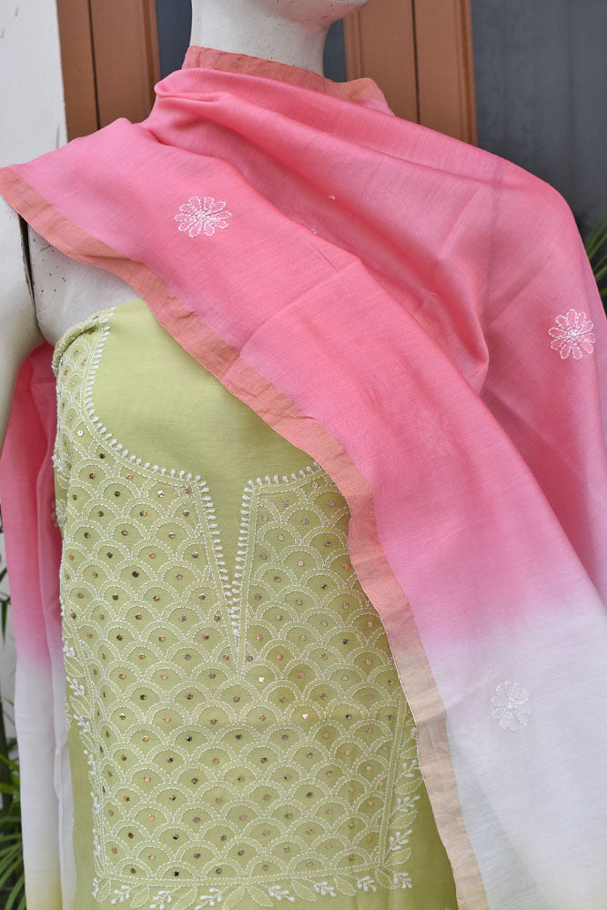 Elegant Chanderi Kurta & Tie & Dye Dupatta Set with Chikankari Embroidery & Muqaish work