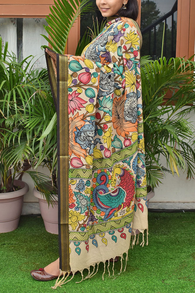 Beautiful Mangalgiri Cotton Pen Kalamkari Dupatta